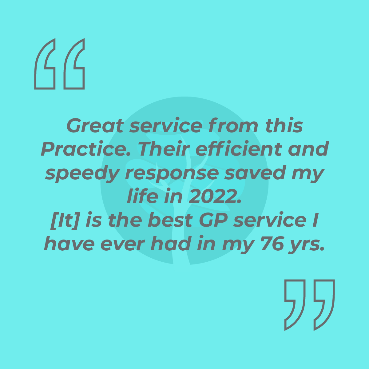 Great service from this Practice. Their efficient and speedy response saved my life in 2022. [It] is the best GP service I have ever had in my 76 yrs.