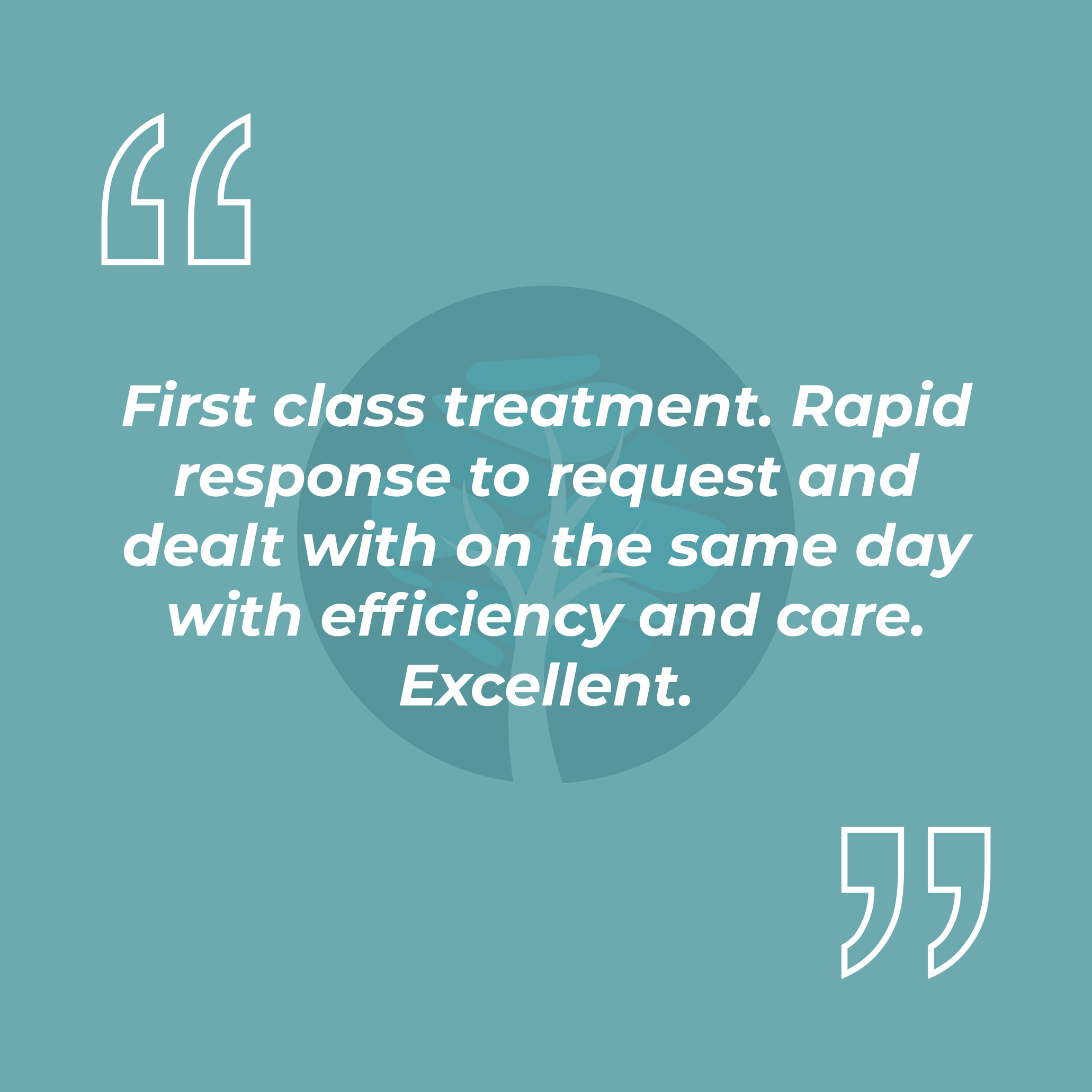 First class treatment. Rapid response to request and dealt with on the same day with efficiency and care. Excellent.
