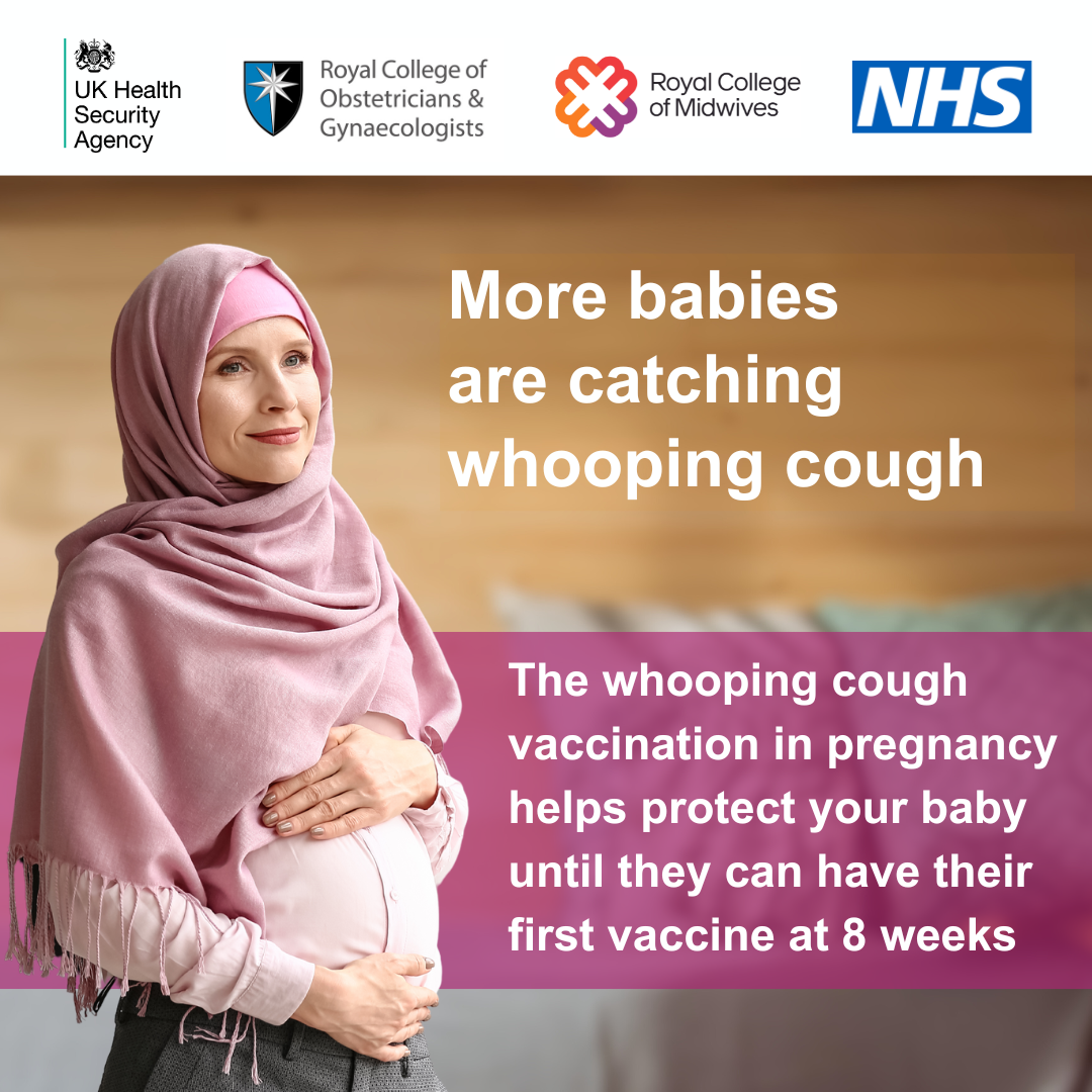 A pregnant woman touches her stomach. The text reads: More babies are catching whooping cough. The whooping cough vaccination in pregnancy helps protect your baby until they can have their first vaccine at eight weeks.