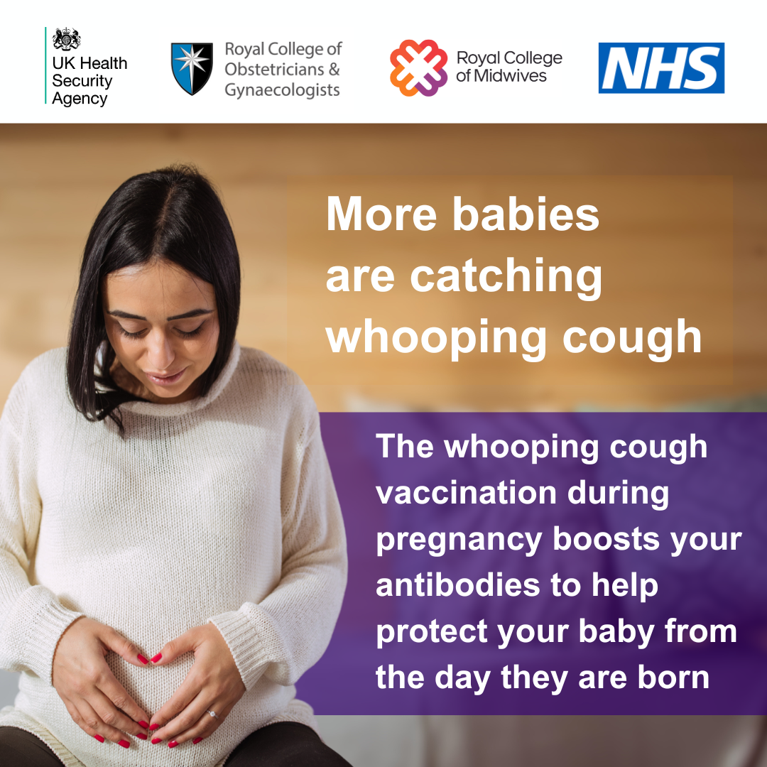 A pregnant woman touches her stomach. The text reads: More babies are catching whooping cough. The whooping cough vaccination during pregnancy boosts your antibodies to help protect your baby from the day they are born.