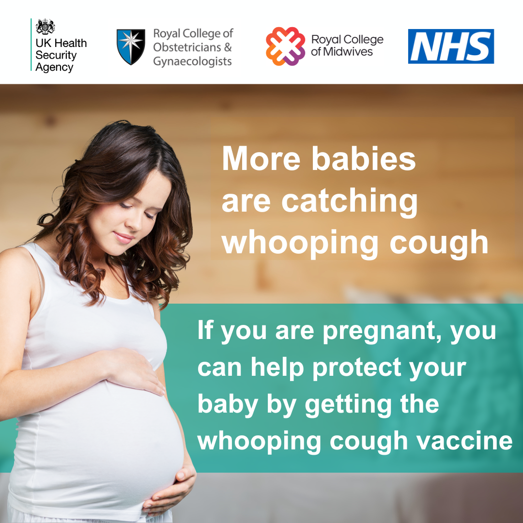 A pregnant woman touches her stomach. The text reads: More babies are catching whooping cough.  If you are pregnant, you can help protect your baby by getting the whooping cough vaccine.